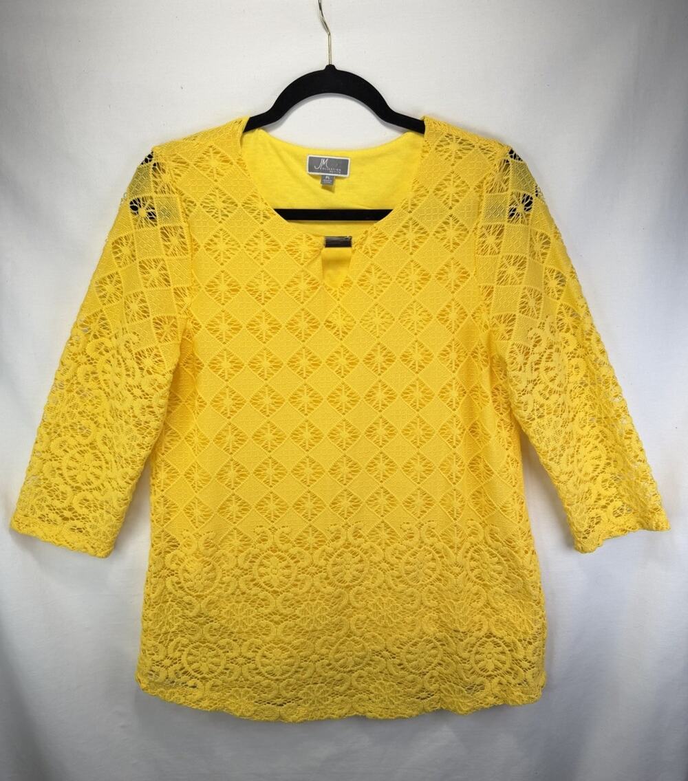 JM Collection Petite Yellow Lace Crochet Top Sz PL 3/4 Sleeves Cutout Bodice